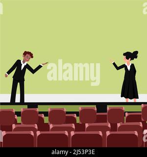 I leader aziendali professionisti che indossano un abbigliamento formale parlano. Modello di ruolo colleghi fase di orientamento di lingua pubblica. Discussione maschile e femminile Illustrazione Vettoriale