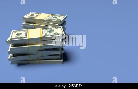 Pile di denaro da dollari con sfondi spazio copia vuoto. Concettuale della finanza. 3d rendering Foto Stock