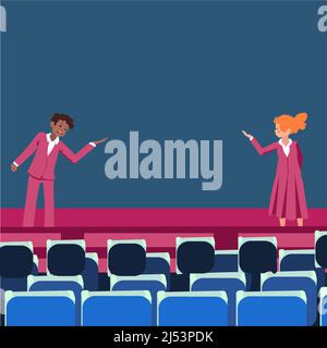 I leader aziendali professionisti che indossano un abbigliamento formale parlano. Modello di ruolo colleghi fase di orientamento di lingua pubblica. Discussione maschile e femminile Illustrazione Vettoriale