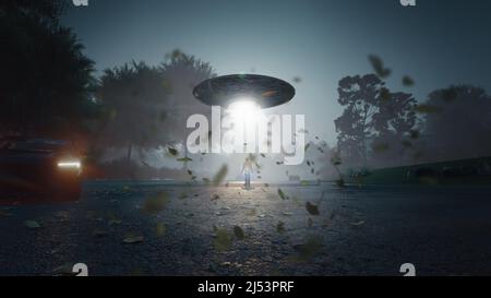 Uomo rapito da UFO - Alien rapimento concetto. 3d rendering Foto Stock