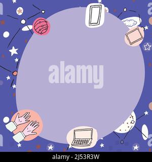 Poster in bianco decorato con simboli tecnologici moderni. Bordo della cornice vuoto circondato da un telefono cellulare portatile multicolore che rappresenta la scienza e. Illustrazione Vettoriale