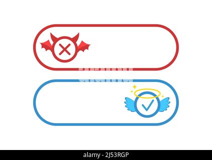 Fatto vs mito angelo e diavolo pulsante icona vettore set. Illustrazione Vettoriale