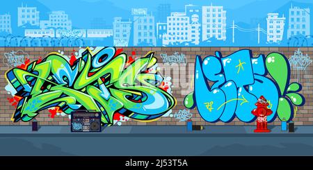 Colorato Outdoor Urban Streetart Graffiti Wall con disegni sullo sfondo del paesaggio urbano Vector Illustration Illustrazione Vettoriale