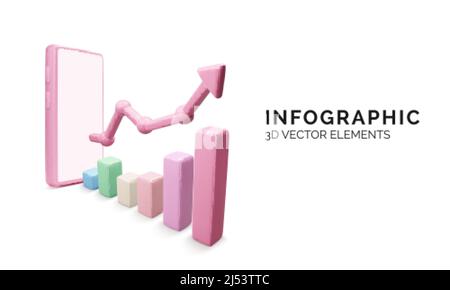 Gestione del denaro utilizzare il telefono cellulare o l'applicazione. 3D telefono e grafico con freccia verso l'alto. Commercio di investimenti finanziari. Depositi bancari e utili finanziari o investimenti Illustrazione Vettoriale