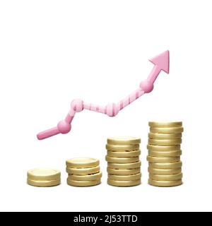 Le monete d'oro si accumulano con 3D frecce. Icona del grafico della strategia aziendale di successo. Illustrazione vettoriale Illustrazione Vettoriale
