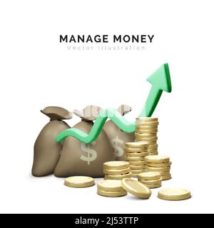 3D pile di monete e borsa con freccia verde. Concetto di business in crescita con stack di monete. Concetto di investimento e di crescita del guadagno di denaro. Illustrazione vettoriale Illustrazione Vettoriale