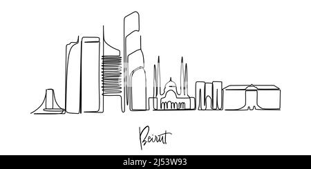 Disegno continuo dello skyline di Beirut Libano su sfondo bianco. Illustrazione vettoriale. Concetto di viaggio d'affari e turismo con edificio moderno. Illustrazione Vettoriale