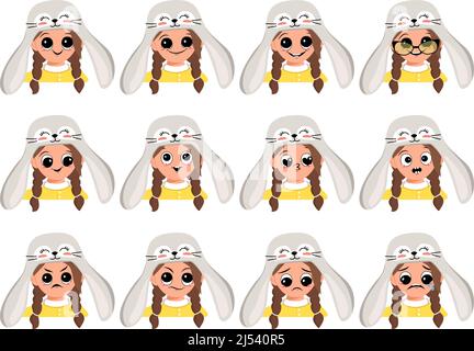 Set di avatar ragazza con grandi occhi e ampio sorriso e diverse emozioni in coniglio cappello. Testa di bambino con faccia gioiosa per Pasqua di festa, costume di carnevale per festa. Illustrazione piatta vettoriale Illustrazione Vettoriale