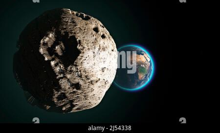 Il meteorite si avvicina alla Terra, rotta di collisione. Asteroide. Possibile collisione con l'atmosfera terrestre. 3d rendering. NASA Foto Stock