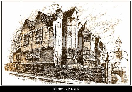 Un vecchio schizzo del 19th secolo di Eastgate House, Rochester, Regno Unito. . – E’ di grado i che ha elencato la residenza di Elizabethan associata all’autore Charles Dickens che l’ha descritta come Westgate nei Pickwick Papers. Ha anche presentato come la casa di Nun nel mistero di Edwin Drood. La casa ha uno chalet in stile svizzero nei suoi terreni dove Dickens ha scritto molti dei suoi romanzi. Ora serve come museo Dickens. Foto Stock