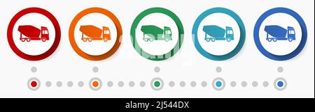 Betoniera, set di icone vettoriali di concetto di veicolo, modello infografico, bottoni web colorati con design piatto in 5 opzioni di colore Illustrazione Vettoriale