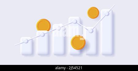 Illustrazione infografica bianca, grafico a 3D barre con monete d'oro vuote Illustrazione Vettoriale