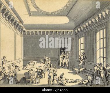 Berthault, Pierre-Gabriel- 1794 - durante la sessione del luglio 27 alla Convenzione, Robespierre e i suoi sostenitori sono stati accusati e arrestati dai Termidoriani. Liberati dal comune, si rifugiarono all'Hôtel-de-Ville, ma furono arrestati la mattina successiva dalle truppe inviate dalla Convenzione. È in questo momento che si svolge l'episodio del colpo sparato da Constable Merda a Robespierre, la versione più spesso illustrata. L'altra versione è quella del suicidio. La stessa sera è stato ghigliottinato con i suoi sostenitori, senza processo. Foto Stock