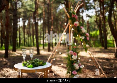 Arco di tibi bohémien fatto di aste di legno decorate con rose rosa, candele su tappeto, erba pampass, avvolto in luci fata su matrimonio all'aperto Foto Stock