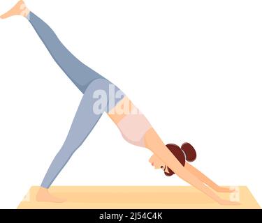 Donna in posa di cane con gamba in su. Ragazza che fa pilates ed esercitazioni di yoga sul tappeto. Home Workout, illustrazione vettoriale Illustrazione Vettoriale