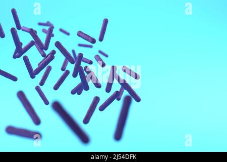 Concetto di probiotici. Microflora utile per gli esseri umani. Batteri benefici su sfondo blu. 3D rendering Foto Stock