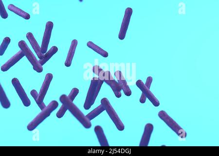 Concetto di probiotici. Microflora utile per gli esseri umani. Batteri benefici su sfondo blu. 3D rendering Foto Stock