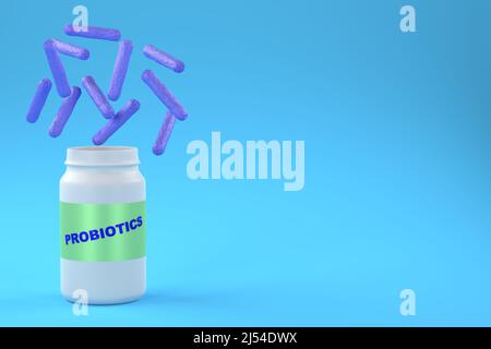 Concetto di probiotici. Microflora utile per gli esseri umani. Un vaso con l'iscrizione di batteri probiotici e benefici su sfondo blu. 3D rendering Foto Stock