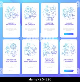 Schermata blu dell'app mobile per l'onboarding del gradiente degli stakeholder Illustrazione Vettoriale
