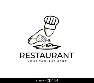 Cuoco, chef preparare un piatto, logo design. Cibo, pasti, ristorante e catering, disegno vettoriale e illustrazione Illustrazione Vettoriale