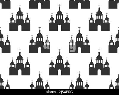 Chiesa costruzione di modello senza soluzione di continuità. Silhouette nera di una chiesa su sfondo bianco. Design per banner, poster e articoli promozionali. Illust vettoriale Illustrazione Vettoriale