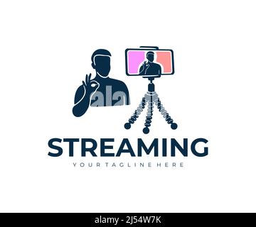 Uomo in streaming o streaming di un video live dallo smartphone, logo. Broadcast video conferenza live o webinar educativo, vlogging a casa, vettore desig Illustrazione Vettoriale