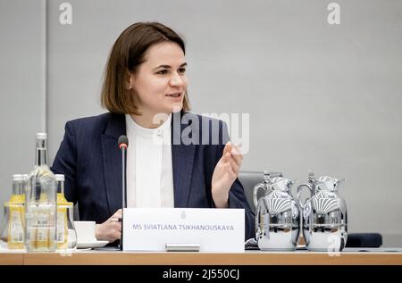 2022-04-20 15:05:55 L'AIA - Svetlana Tikhanovskaya leader dell'opposizione bielorussa durante un incontro alla Camera dei rappresentanti. Il colloquio con la commissione per gli affari esteri riguarda la situazione attuale in Bielorussia. ANP SEM VAN DER WAL uscita paesi bassi - uscita belgio Foto Stock