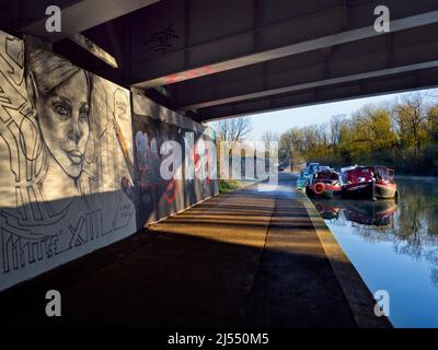 Contrasti. Questa serena immagine di barche ormeggiate dal Tamigi vicino Oxford non mostra il traffico che - giorno e notte - si effluisce oltre sul ponte, auto Foto Stock