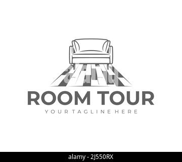 Tour in camera, interni, divano e pavimento in laminato, design con logo. Interni di casa, mobili, soggiorno e poltrona, disegno vettoriale e illustrazione Illustrazione Vettoriale