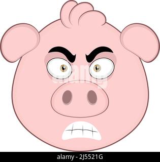 Illustrazione vettoriale di un volto di maiale cartoon con un'espressione arrabbiata Illustrazione Vettoriale