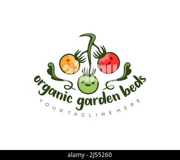 Pomodori personaggio cartoon sul gambo, verdure e cibo, logo design. Letti da giardino, fattoria biologica e pomodori ciliegini su un ramo, vettoriale design an Illustrazione Vettoriale