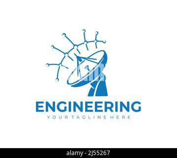 Ingegneria delle telecomunicazioni, parabola satellitare e onde radio, logo design. Parabola satellitare, sistema di comunicazione satellitare e connessione, disegno vettoriale Illustrazione Vettoriale