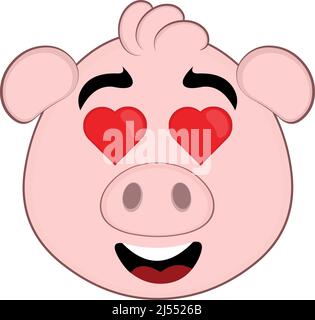 Illustrazione vettoriale del volto di un maiale cartoon con un'espressione felice e amorevole e occhi a forma di cuori Illustrazione Vettoriale