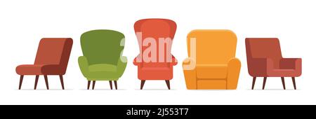Una linea di poltrone alla moda. Comode poltrone. Mobili morbidi per il riposo e il relax. Negozio di mobili pubblicità. Decorazione delle camere, interni Illustrazione Vettoriale