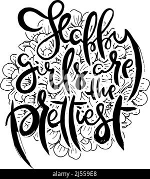 Le ragazze felici sono le più belle. Carta grunge con scritta a mano con sfondo floreale. Lettere a doodle realizzate a mano in stile retrò. Vettore vintage disegnato a mano Illustrazione Vettoriale