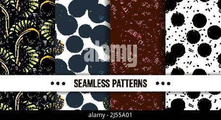 Set di samless ornate, noodle disegni astratti a mano. Illustrazione vettoriale. Trama dello schizzo a inchiostro, immagine del disegno a tratteggio ruvido Illustrazione Vettoriale