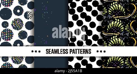 Set di samless ornate, noodle disegni astratti a mano. Illustrazione vettoriale. Trama dello schizzo a inchiostro, immagine del disegno a tratteggio ruvido Illustrazione Vettoriale