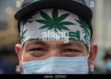 Bangkok, Thailandia, 20/04/2022, un uomo ha visto indossare una fascia Marijuana in foglia durante la manifestazione al monumento della democrazia. Gli attivisti thailandesi hanno marciato dal Monumento alla democrazia alla Khaosan Road per celebrare la Giornata Mondiale della Cannabis e promuovere l'uso ricreativo della marijuana in Thailandia. Le autorità thailandesi hanno un piano per rimuovere la cannabis e la canapa dalla lista dei narcotici del paese, una mossa storica che ha posto fine a decenni di proibizione, Consentire alle persone di coltivare la pianta per il consumo personale che è stato utilizzato in medicina tradizionale e cucina dal 09 giugno 2022, ma rimane vietato per la ricreazione Foto Stock