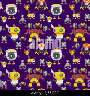 Robot con pattern di ripetizione sfondo viola per ventilatori robotici con piccole macchine fresche. Foto Stock