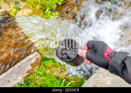 Il flusso di acqua di sorgente pura. La mano di un uomo raccoglie l'acqua in una tazza in una sorgente cristallina e fresca. Foto Stock