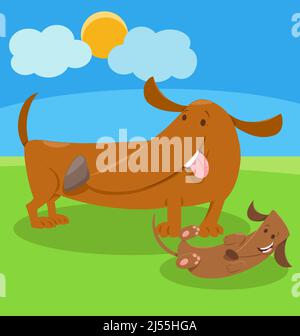 Illustrazione cartoon di dachshund cane animale personaggio con piccolo cucciolo felice Illustrazione Vettoriale