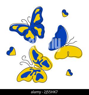 Illustrazione vettoriale con farfalle e cuori in nazionalità colore bandiera Ucraina. La politica globale, NESSUNA GUERRA, il problema dell'aggressione si presenta in modo continuo Illustrazione Vettoriale