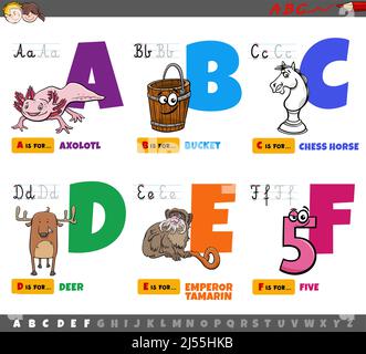 Illustrazione cartoon di lettere maiuscole da alfabeto educativo set per Pratica di lettura e scrittura per bambini da A a F. Illustrazione Vettoriale