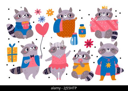Divertente raccoon. Bestie carine in abiti. Personaggi della fauna selvatica cartoon con regalo, palloncino e ciambella. Animali della Foresta pose e azioni. Ballerina e. Illustrazione Vettoriale