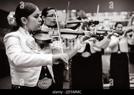 I giocatori di Mariachi intrattengono la folla in una galleria di negozi di Playa del Carmen, Messico, con una serie di giocatori di violini femminili. Foto Stock