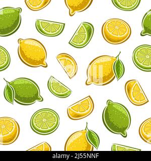 Modello senza giunture vettoriale Limone e Limone, sfondo ripetitivo con set di illustrazioni ritagliate lime organiche con foglie, gruppo di limoni segmento, cho Illustrazione Vettoriale