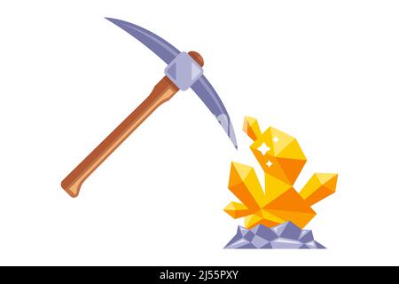 estrazione per oro sotterraneo. trovare un prezioso nocciolo. lavorare con un piccone nella miniera. illustrazione vettoriale piatta. Illustrazione Vettoriale