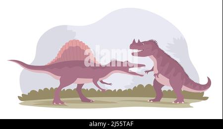 Lotta di due dinosauri. Ceratosauro predatorio contro lo spinosauro. [ Animali del periodo Giurassico. Antichi pangolini. Vettore cartoon illustra Illustrazione Vettoriale