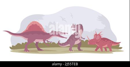 Lotta di due dinosauri. Ceratosauro predatorio contro ankylosaurus erbivoro e spinosaurus. [ Animali del periodo Giurassico. Antico pango Illustrazione Vettoriale
