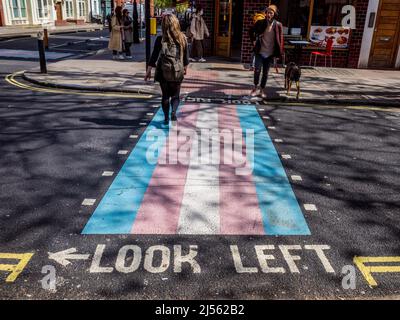 Transstradale che attraversa Marchmont Street, Bloomsbury London. La strada che attraversa i colori della bandiera Trans è stata svelata nel novembre 2021. Foto Stock